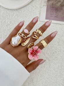Bộ 8 chiếc nhẫn kim loại mạ vàng kiểu cổ điển, thiết kế hoa và đá pha lê, nhẫn trang trí ngọc trai giả thanh lịch, nhẫn dày kiểu punk tối giản dành cho nữ, phù hợp để đeo hàng ngày, phối đồ, hẹn hò, dự tiệc, làm quà tặng ngày lễ. - Bộ 8 chiếc nhẫn hoa màu hồng - Xem 17