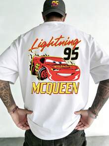 Pixar Cars Racing Movie Theme Blitz McQueen 95 Pattern Double-Sided Printed T-Shirt, High Quality 100% Cotton Short-Sleeve T-Shirt, Men's Breathable Cotton Short-Sleeve T-Shirt, Summer Casual Men's T-Shirt, Everyday Wear, Holiday Wear - 白色 - 查看 2