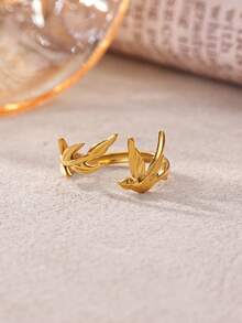 1Pc Dainty Swallow Bird & Leaf Rings For Women, Open Adjustable Stainless Steel Ring, Gold Ring, Nature Inspired Design Jewelry For Women, Birthday Gift, Fashion Accessories For Her - Multicolor - View 6
