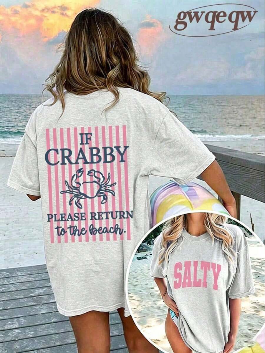 Camiseta Oversized con Estampado Gráfico "If Crabby Please Return To The Beach" para Mujer, Top Casual Beige de Verano, Ropa de Playa para Mujer, Ropa de Verano a la Moda, Camisetas con Estampado Costero - Gris Claro - Ver 1