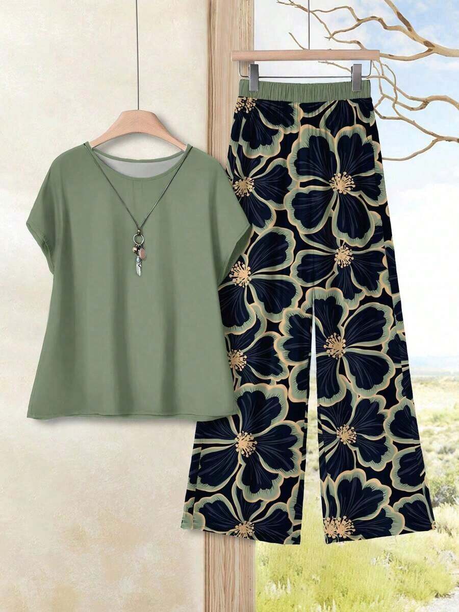 Conjunto de 2 piezas con estampado floral ajustado, versátil para primavera/verano - Multicolor 10 - Ver 1