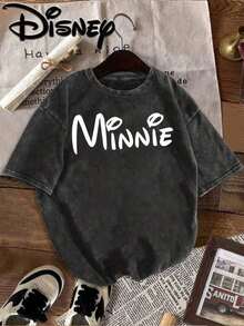 Disney Hand-Painted Style Minnie Is Printed Before And After The Expression Of Minnie Meng. It Is A Fashionable Commuter Street Style Fashion Lover's Old Washing Style Street  Men's And Women's T-Shirts In Summer Of 2026. - 黑色 - 查看 2