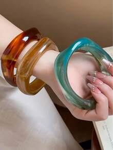 3pcs Vintage Boho Thick Multi-Layer Asymmetric Semi-Transparent Asymmetrical Textured Brown Acrylic Bangle Set, Luxury High-End For Women, Couples, Party, Daily Wear - Multicolor - View 4
