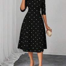 Lady Women's Polka Dot Round Neck Casual Waist Cinched Midi Party Dress Black Polka Dot Dress Polka Dot Midi Dress Polka Dot Dress Black Midi Dress Elegant Midi Dress - Pearl White - Ver 5
