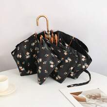 Ditsy Floral Compact Umbrella, UV Protection, Convenient & Fashionable For Sunny & Rainy Days - Floral Gold Hook - View 4