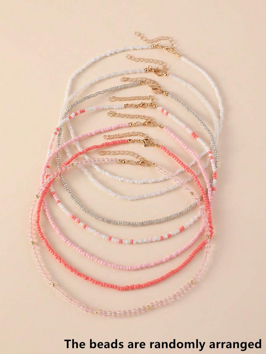 NAIZHU 7件套波西米亚风串珠项链套装，混色 - 粉色 - 查看 1