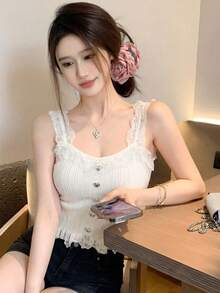 2026 Spring/Summer New Sweet Girl Style Lace Trim Knit Camisole, Elegant Heart Button Fitted Slim Tank Top, Versatile For Valentine's Day, Date, Commute - Milky White - View 5