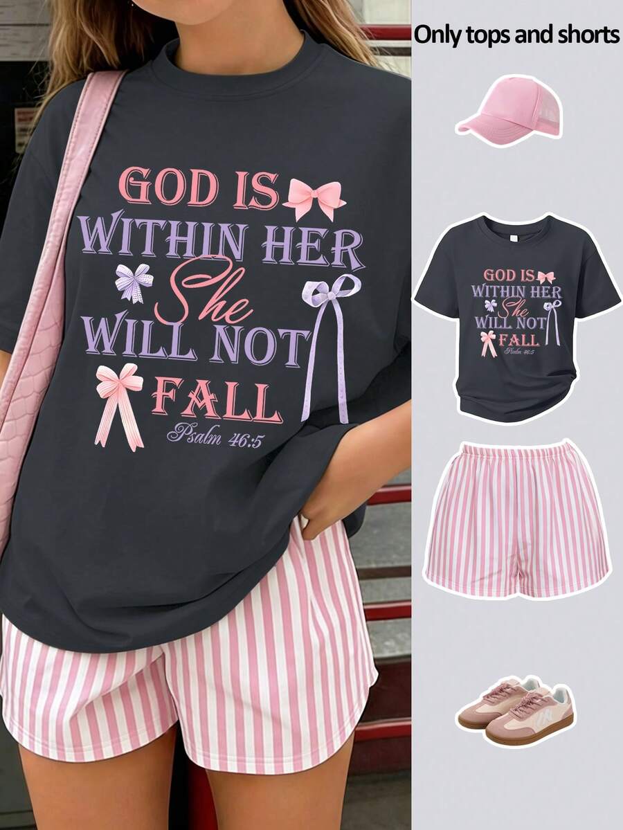 2pcs/Set "God In Her Heart" Graphic T-Shirt And Striped Shorts, Soft Comfortable Cute Summer Outfit For Teen Girls - Dark Grey - View 1