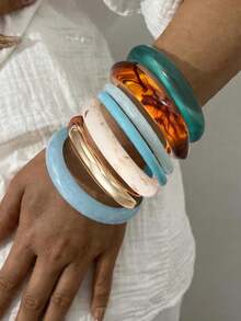 Set de 3/4/7 piezas de pulseras de resina vintage elegantes y minimalistas, adecuadas para uso diario de mujeres, combinables para citas, cumpleaños, fiestas, regalos - Multicolor - Ver 9