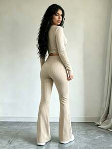 Conjunto De Blusa Corta De Manga Larga Y Pantalón Para Mujer Con Diseño De Bloques De Color - Albaricoque - Ver 2