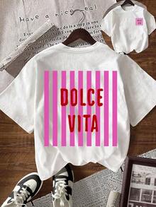 Camiseta blanca de manga corta, de corte holgado y caída de hombros, con estampado de letras y rayas, para uso casual y diario en verano - Multicolor - Ver 12