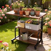 Pacilack Three-Tier Adjustable Garden Gardening Table, Metal With Wheels Gardening Platform, Adjustable Height, Spacious Multi-Functional Tabletop, Suitable For Gardening, Garden And Outdoor Picnic Use - 單層簡約黑色 - 查看 7