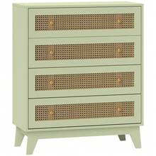 Chest Of Drawers 4-Drawer Storage Organiser Unit With Rattan Element For Bedroom Living Room Light Green - Green - View 10