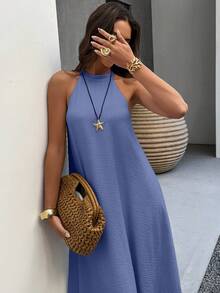 Bohemian Stil Vintage rückenfrei A-Linie Kleid, elegantes Damen Sommer Strandurlaub Kleid, geeignet für Valentinstag, Strand, Urlaub - Grau-Blau - Übersicht 5