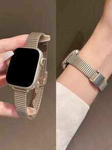 1pc Bamboo Segment Stainless Steel Watch Band, Compatible With Apple Watch - Starlight - View 6