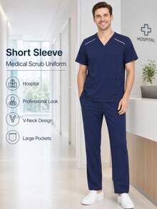 白色線條肩部V領短袖工作服套裝，適用於美容院、牙科診所、寵物醫院、醫療研究機構、藥局、產後護理中心 - 藏蓝色 - 查看 4