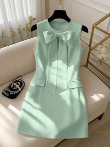 Vestido mini elegante sin mangas con cuello redondo, lazo en la cintura y lazada para mujer - verde menta - Ver 1