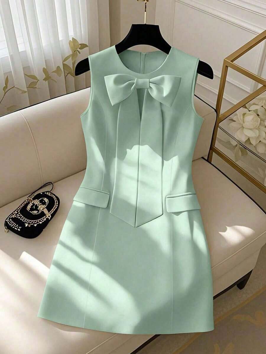 Vestido mini elegante sin mangas con cuello redondo, lazo en la cintura y lazada para mujer - verde menta - Ver 1