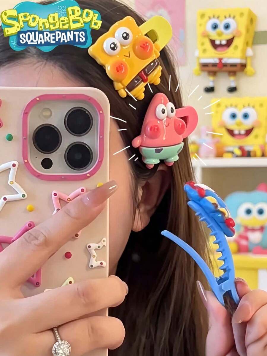 SpongeBob SquarePants SquarePants Cartoon Character Letter Design Seamless Hair Clips, Do Not Leave Hair Marks, Suitable For Shampooing, Makeup, Skincare, And Daily Wear, A Gift Choice; SquarePants, Patrick, Squidward, And Mr. Krabs, Available In Yellow, Pink, Blue, And Green, A Great Gift.