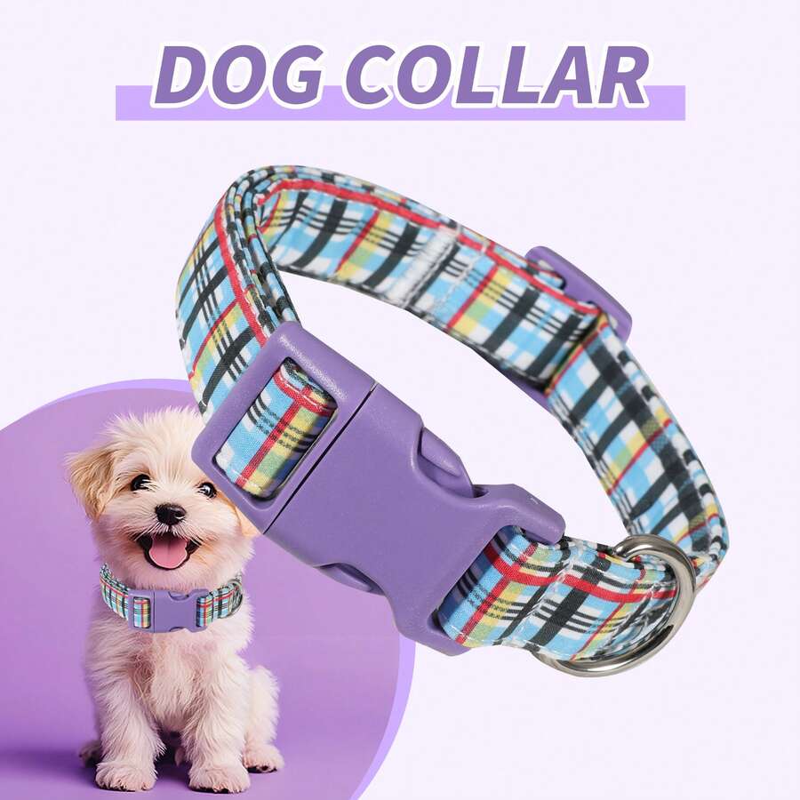 Colorful Plaid Dog Collar, Adorable Blue Base Pattern Pet Collar, Lightweight Adjustable Safety Buckle With Metal D-Ring For Daily Wear - Mixed color - View 1