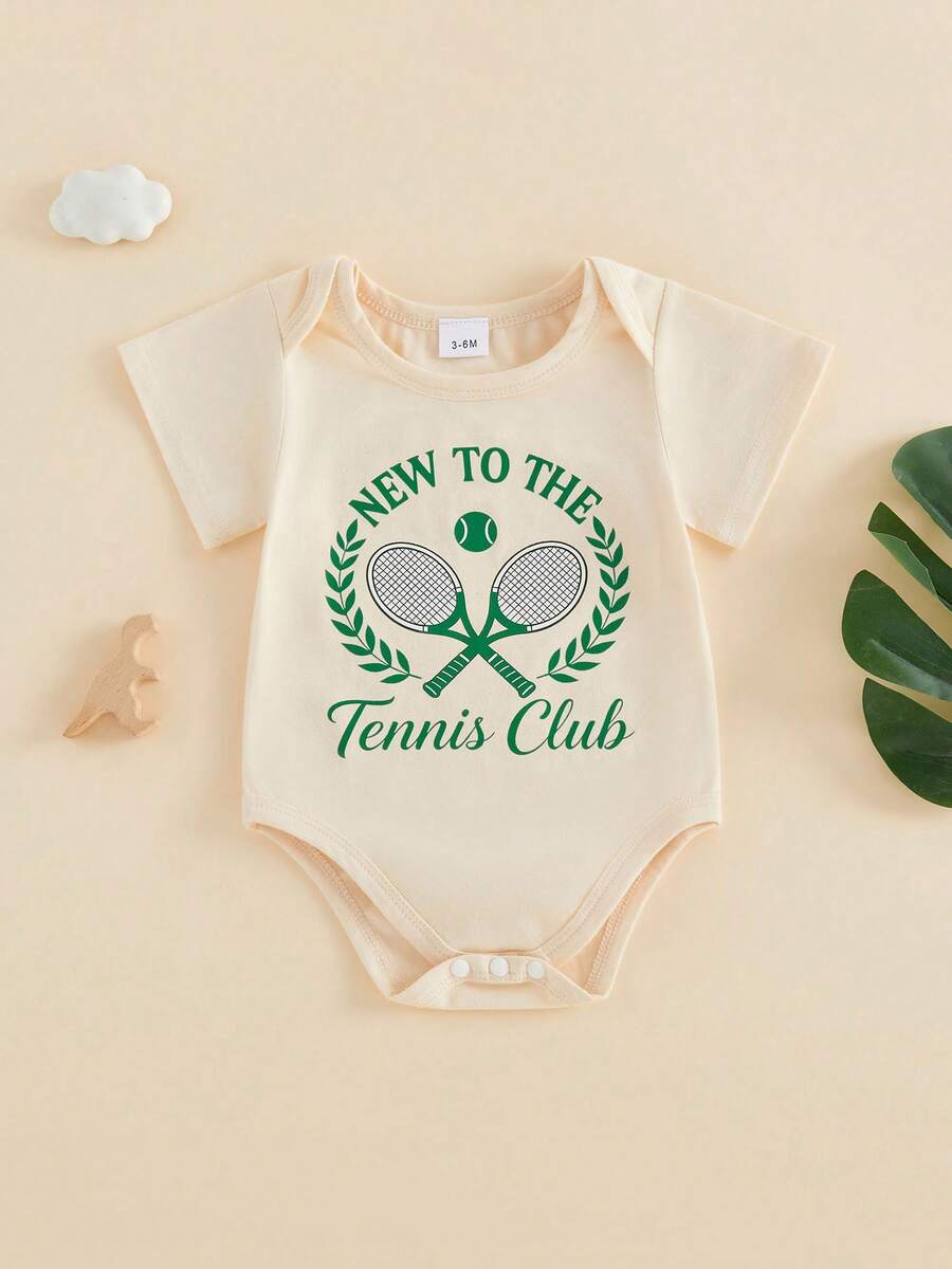 Baby Boy Romper, Short Sleeve Crew Neck Fish/Dog/Dinosaur/Tennis Racket Print Summer Bodysuit Clothes - Blue - View 1