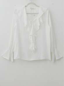 Blusa Elegante con Volantes en Cascada y Puños Elásticos. - Blanco C8093 - Ver 10