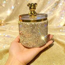 Sparkling Rhinestone Bear Shaped Storage Jar, Diamond Dotted Cotton Swab Organizer Box With Acrylic Lid, Luxury Cosmetic Storage Box For Vanity And Room Decor - Multicolor - View 6