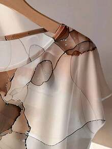 2 piezas de estilo minimalista casual con camisa de mujer en color gris caqui con patrón floral abstracto de efecto dorado y lazo, y pantalones rectos holgados en color caqui, adecuado para primavera y verano, de estilo vintage - Multicolor 6 - Ver 7