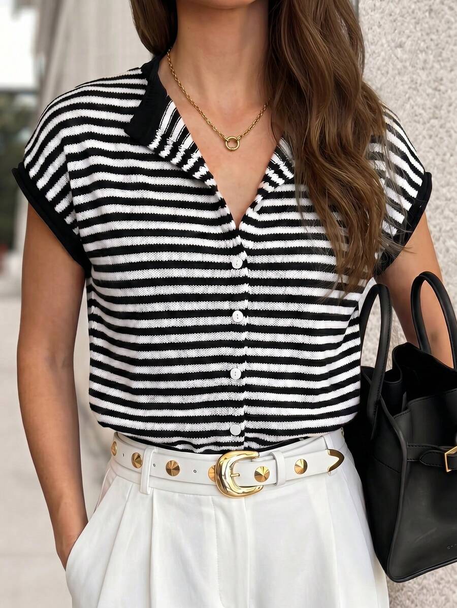 Women's French Retro Casual Minimalist Loose Fit Black & White Striped Button Front Blouse, Versatile