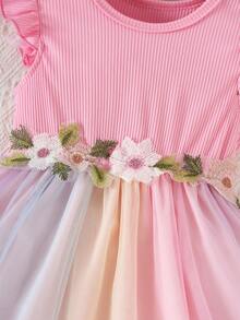 Vestido de verano para niñas con mangas cortas, falda de tul degradado de colores y ribete bordado, adecuado para uso diario, escuela, vacaciones y fiestas de cumpleaños, atuendo para el Día del Niño - Rosa - Ver 3