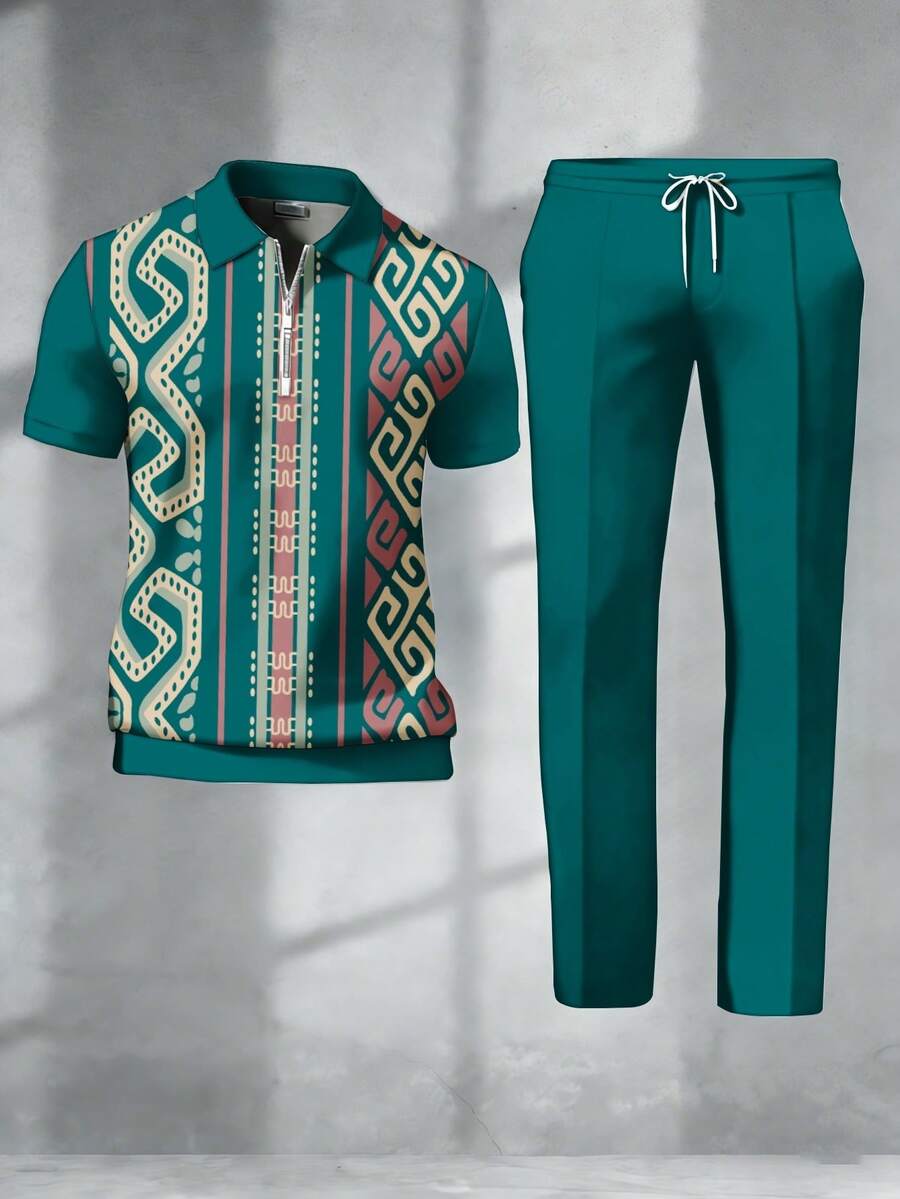 American Retro Totem Print Men's Polo Zip-Up Short-Sleeve Shirt + Cropped Pants Set, Featuring A Classic Polo Collar And Half-Zip Design. The Short-Sleeve Shirt Is Fully Printed With Exotic Geometric Totems, Paired With Matching Cropped Casual Pants With A Drapey Feel. The Drawstring Waistband Accommodates Various Body Types. The Retro Style Meets Modern Tailoring, Making It Suitable For Everyday Outings And Casual Gatherings, Showcasing An American-Style Individuality And  Vibe - Màu hỗn hợp - Xem 1