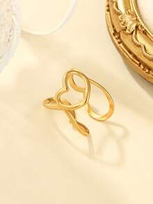 1 pieza Anillo de acero inoxidable con forma de corazón dorado de apertura ancha, adecuado para decoración diaria o regalo de mujer - Amarillo Oro - Ver 2