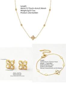 VceTd 2pcs/3pcs/4pcs/5pcs Classic Elegant Glass Inlaid Four-Leaf Flower Design Stainless Steel Jewelry Set, Suitable For Women's Daily Life Or Holiday Wear, Also As A Gift For Her - Yellow Gold - View 11