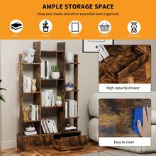 Two-Drawer Bookcase, Freestanding Open Shelving Unit In An Industrial Style, Vintage Bookcase, 12 Storage Shelves, Ideal For Bedroom, Living Room Or Office, Rustic Brown - 1PC - View 5