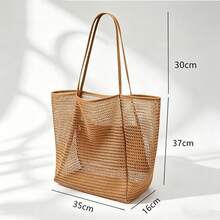 1件装女士米色、棕色、粉色、黑色、蓝色格纹编织沙滩度假可折叠手提包，大容量简约多功能旅行收纳单肩包，波西米亚风假日手提包 - 查看 13