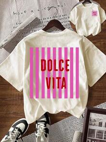 Camiseta blanca de manga corta, de corte holgado y caída de hombros, con estampado de letras y rayas, para uso casual y diario en verano-Vintage Street Style Unisex Loose Cotton Short Sleeve Crew Neck T-Shirt - Albaricoque - Ver 6