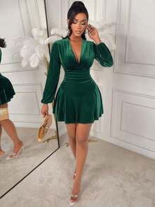 AIJ Vestido corto de manga larga elegante y sexy con cintura ceñida para mujer, primavera - Verde Oscuro - Ver 6