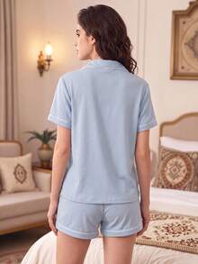 2pcs/Set Women's Crinkle Black Solid Color Summer Pajama Set, Short Sleeve Button-Up Shirt And Shorts, Casual Sleepwear - Baby Blue - View 2