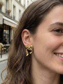 Pendientes de aro con lazo estilo bohemio para mujer, ligeros, con lazo de cinta, pendientes sencillos y de moda. Pendientes de diseño único para uso diario, hipoalergénicos y sin oxidación. Pendientes geométricos para mujer, joyería minimalista celestial para mujer, de diseño único y minimalista - Dorado - Ver 3