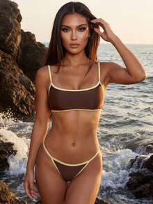 Women's 2 Piece Swimsuits Spaghetti Strap Contrast Line Bikini Set Summer Bathing Suits - 褐色 - 查看 1