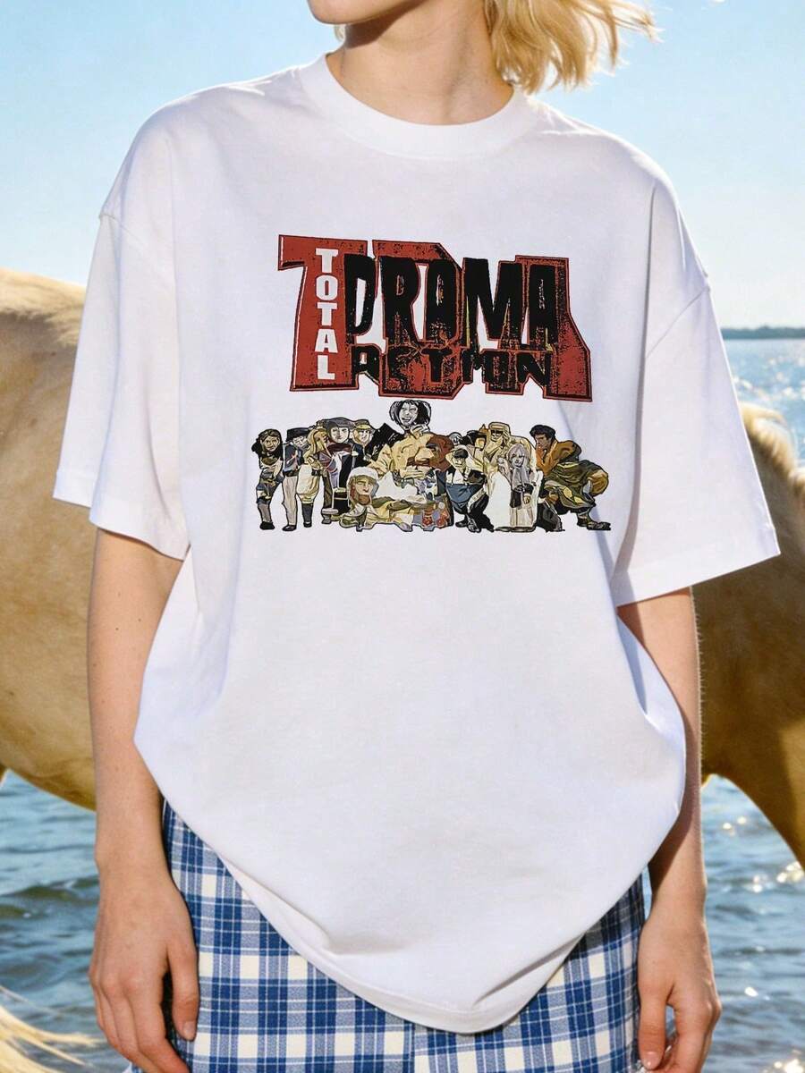 Camiseta de manga corta con cuello redondo suave y casual para mujer, estampado gráfico retro de dibujos animados, adecuada para uso diario en la calle. Negra. - Blanco - Ver 1