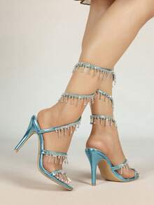 Women's Stiletto Heeled Sandals, Fashion Minimalist Strap With Rhinestone Snake Wrap Round Toe, Basic Style For Summer & Autumn - Blue - View 8
