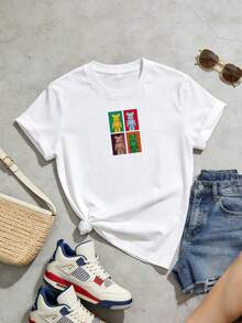 Camiseta de manga corta con cuello redondo suave y casual de verano para mujer, tops para salir, vintage, Gen Z, tops, curvas, ropa Y2K, algodón, Italia, Grecia, tops de mujer, tops bonitos, camisetas gráficas, conjuntos de primavera, estilo callejero americano, casual deportivo, estilo unisex, estilo casual urbano, casual, jersey, camisetas holgadas, ropa de calle retro, estilo de los 90, estilo de los 2000, subcultura, estilo europeo, tops negros, tops blancos, conjuntos de fiesta de los 90. Negro - Blanco - Ver 3