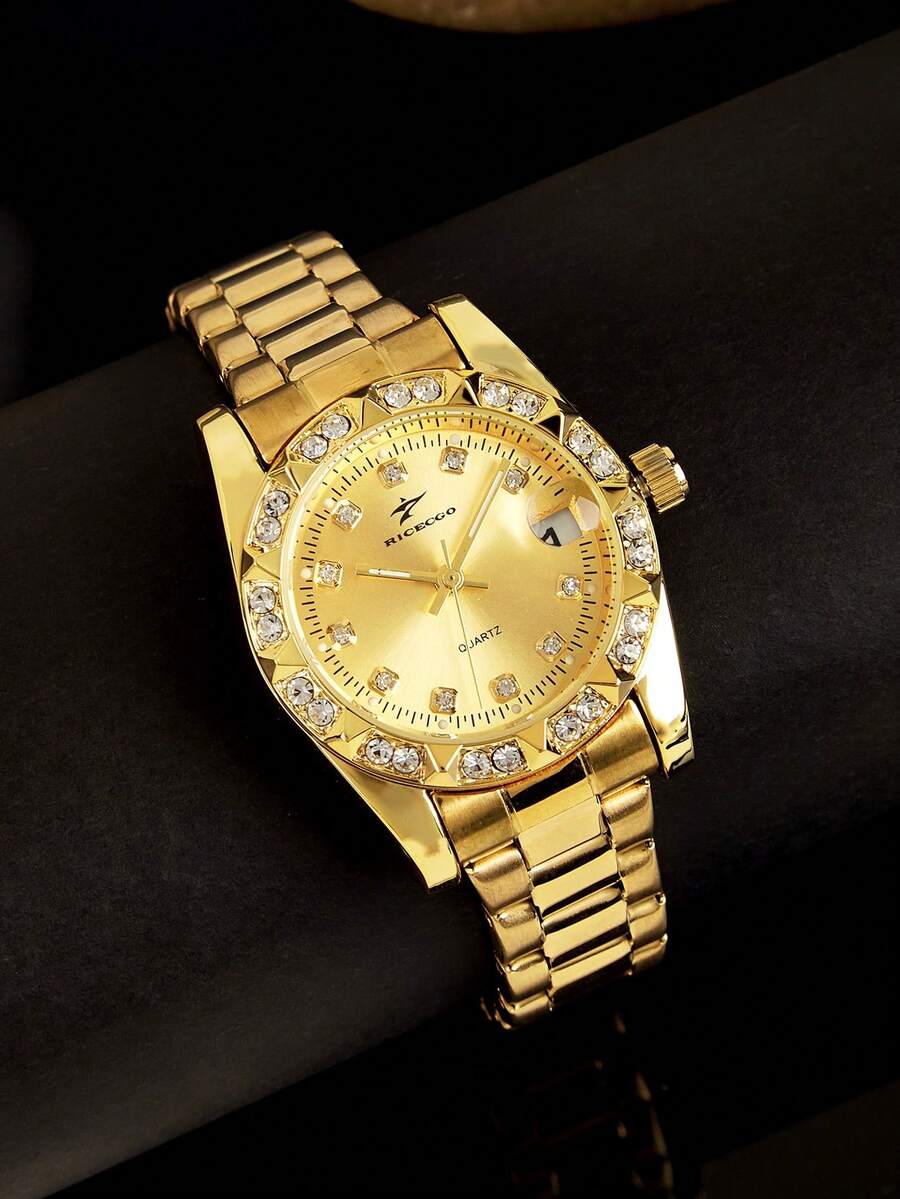 RICECGO A Women's Watch That Is Stylish And Elegant, Featuring Sparkling Rhinestones, Perfect For Business Meetings And Elegant Dinner Parties. - Gold - View 1