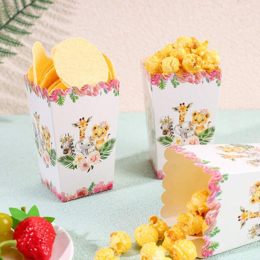 10个装、20个装、50个装、100个装花卉丛林动物爆米花盒,粉色玫瑰和野生动物印花一次性纸质零食盒,尺寸为4.52x2.95x2.16英寸,适用于热带主题派对、后院聚会、电影之夜、嘉年华庆祝活动、户外野餐、节日活动、派对礼品、糖果自助餐、甜点桌装饰,坚固的纸质爆米花盒,多种尺寸可选,适合所有成人庆祝场合。 - 多色 - 查看 1