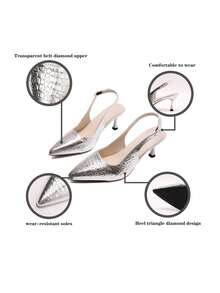 7cm Black Pointed Toe Kitten Heel Sandals, Versatile Strappy High Heels For Women - Silver - View 4
