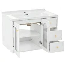 [With Ceramic Sink] 80cm Multifunctional Floating Bathroom Vanity Unit, MDF Board, Large Storage Capacity: 2 Drawers + Cabinet With Glass Door (Semi-Transparent, With Adjustable Shelves) - 白色 - 查看 8