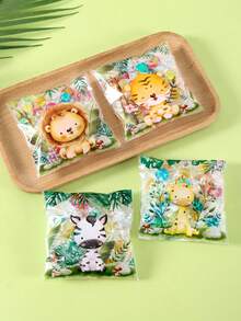50/100入動物園主題自封禮品袋，獅子與老虎混色圖案透明塑膠禮品包裝袋，男孩叢林動物主題生日派對裝飾，嬰兒派對用品 - 彩色 - 查看 2