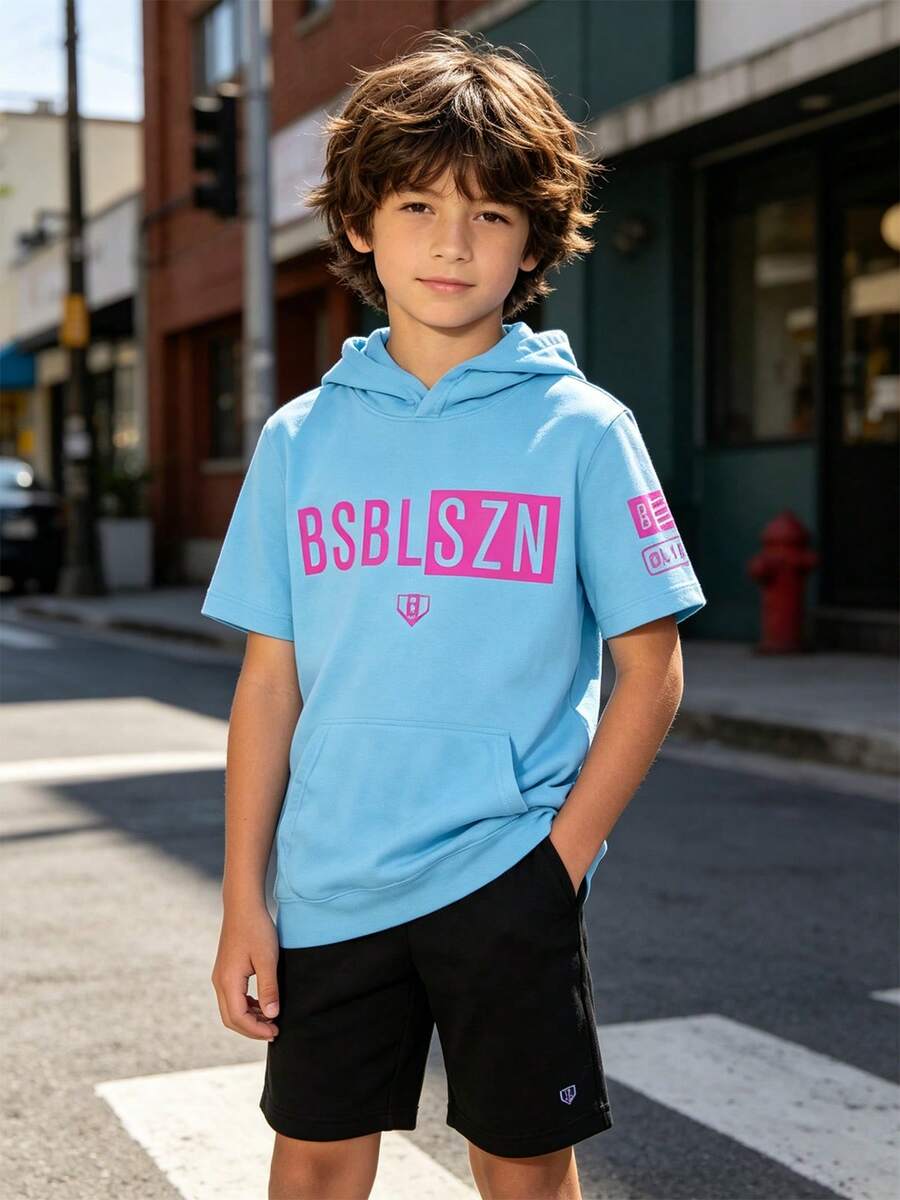 Children's Baseball Life 101 Letter Print Sleeveless Hoodie, Casual Drawstring Kangaroo Pocket Tank Top - Sky Blue - View 1