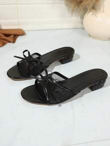 Oversized Square Toe Summer New Style Chunky Heel Sandals, Versatile Thin Heel Thong Slides For Women, Mesh Breathable Bowknot - Black - View 2